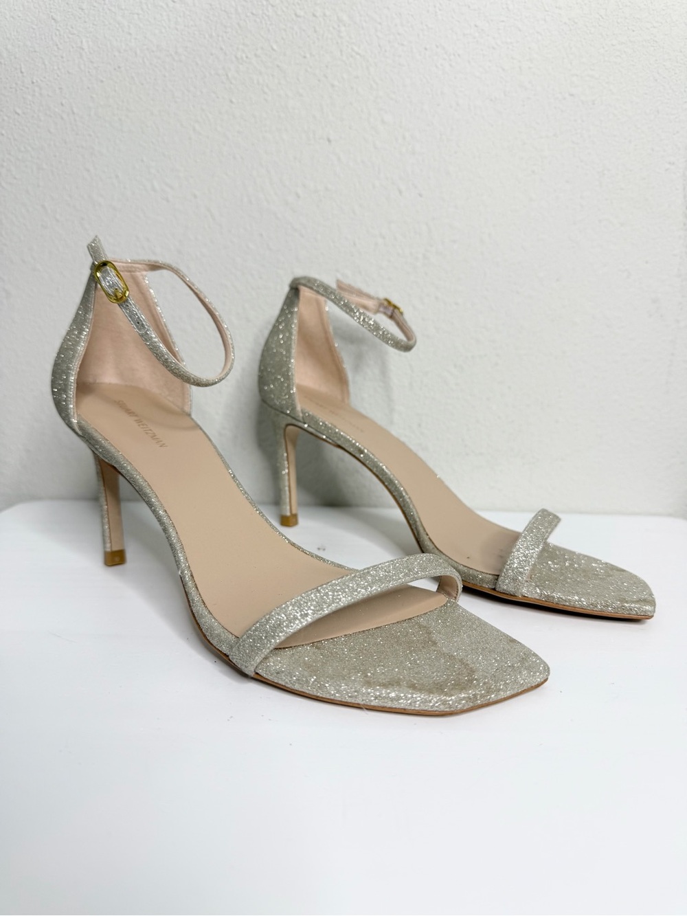 Stuart Weitzman Nudistsong Champagne Glitter Ankle Strap Heels Size 9 *read - Picture 2 of 7